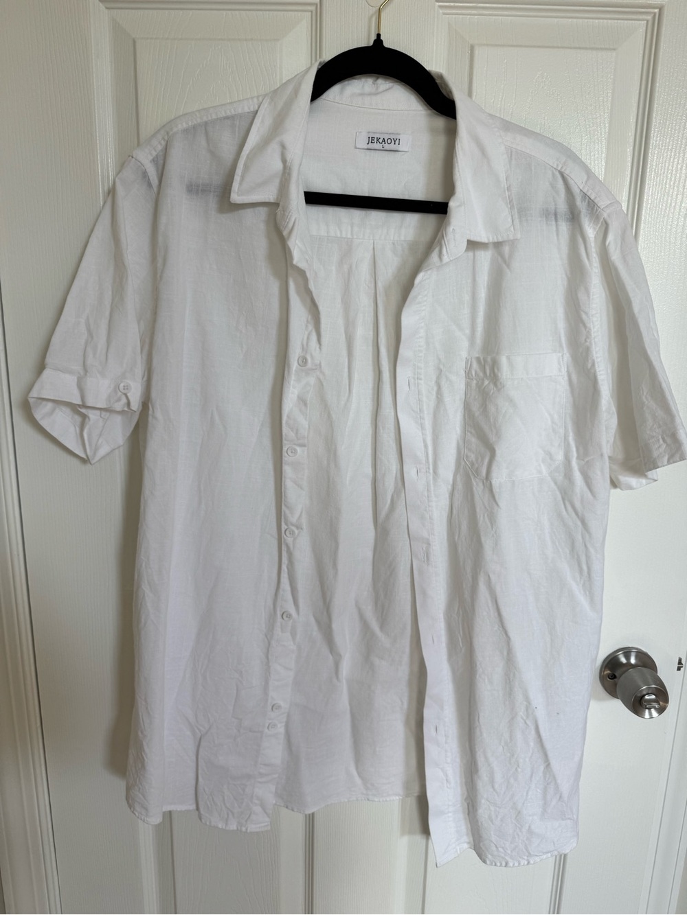 Linen-Blend Short Sleeve Button-Up Shirt - White